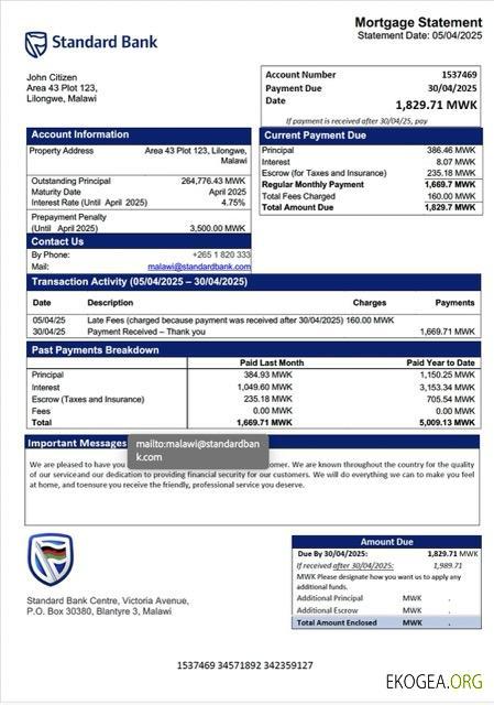 Malawi Standard Bank Malawi relevé hypothécaire Modèle Word et PDF